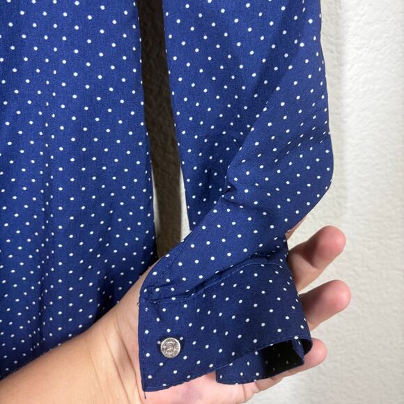 Notations Womens Size Large Polka Dot Button Up Shirt Navy Blue Roll Tab Sleeves - Picture 6 of 9
